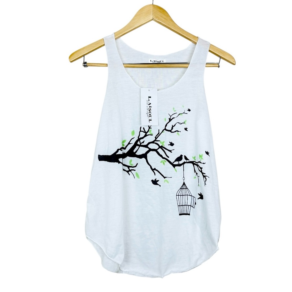 LA SOUL White Free Birds Birdcage Sheer Tank Top Size Small/ Medium Nature Tree